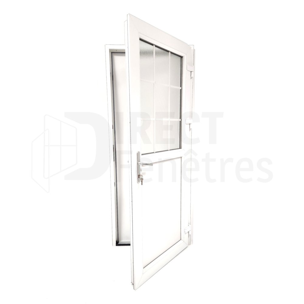 Porte de service PVC BIZERTE blanc vitrée sans croisillon droit poussant -  200x80cm dormant 60mm avec tapées